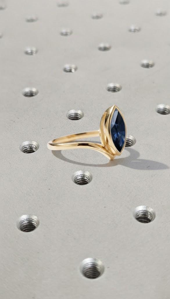 Blue Sapphire Engagement Ring, V Shaped 14k Yellow Gold Bezel Set Ring, Minimalist Marquise Cut Gemstone Jewelry, September Birthstone Ring image #3