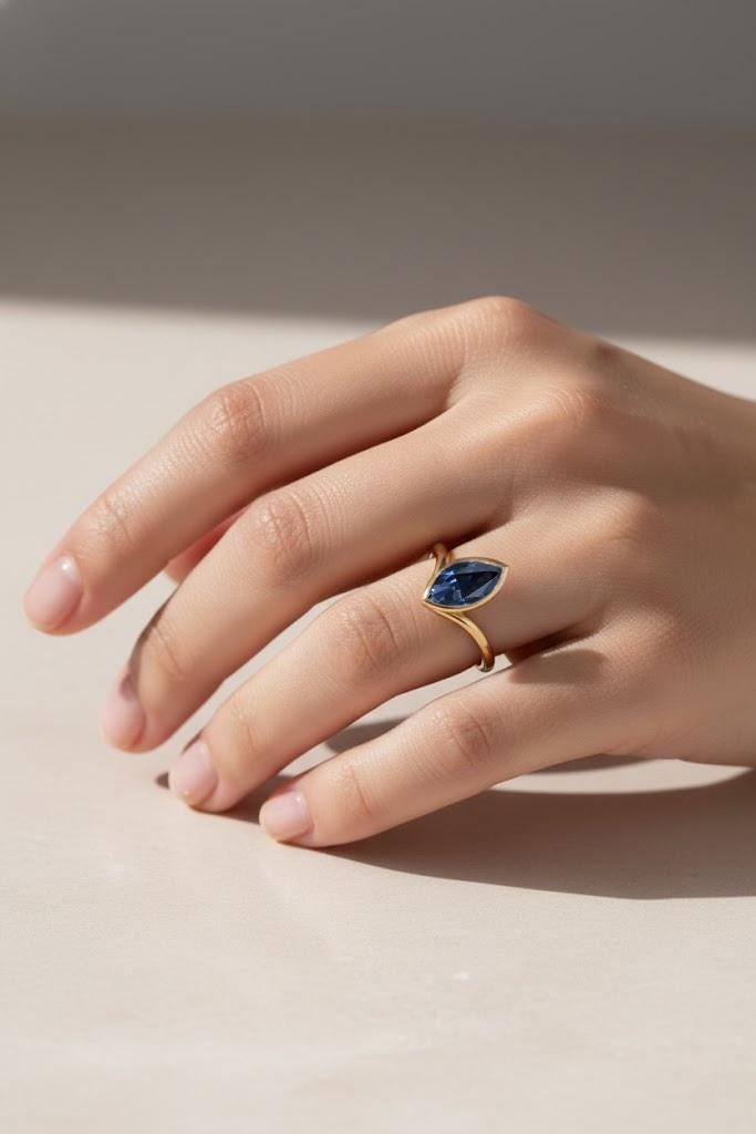 Blue Sapphire Engagement Ring, V Shaped 14k Yellow Gold Bezel Set Ring, Minimalist Marquise Cut Gemstone Jewelry, September Birthstone Ring image #2