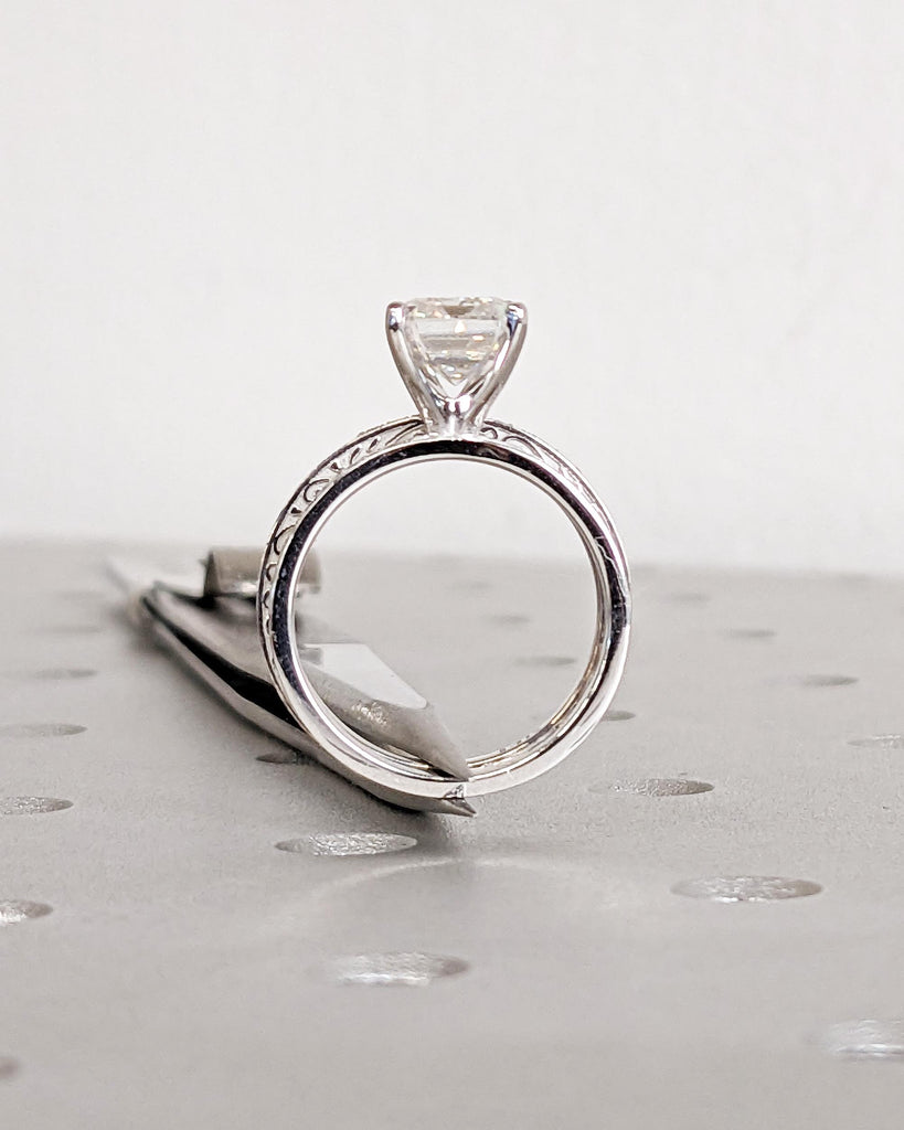 Vintage Filigree Emerald cut Lab Grown Diamond Engagement Ring Set | Art Deco White Gold Woman Wedding Ring | Anniversary Ring Gift for Wife image #7