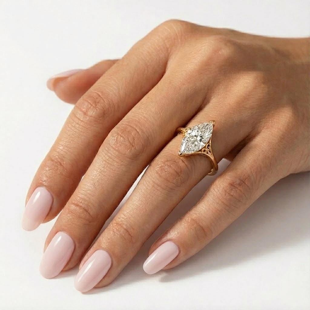 Marquise Moissanite Engagement Ring, Eco Friendly 14k Yellow Gold Promise Ring for Her, Vintage Jewelry, Filigree Design Solitaire Rings