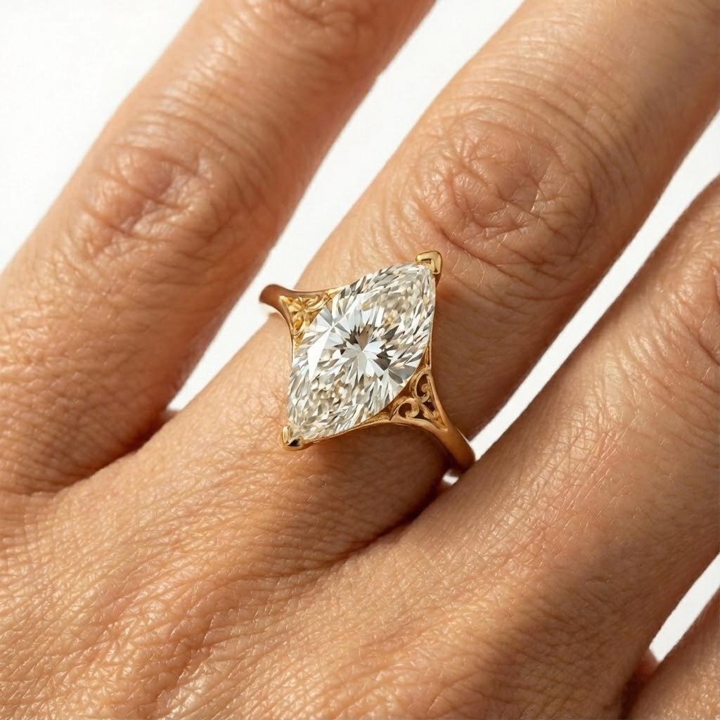 Marquise Lab Grown Diamond Engagement Ring, Vintage Yellow Gold Wedding Ring For Women, Unique Filigree Design, Art Deco Bridal Jewelry