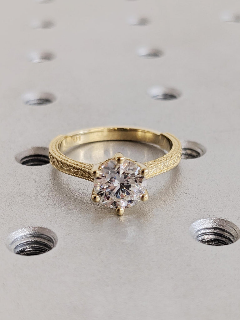 Gold Lab Diamond Engagement Ring, Vintage Milgrain Wedding Band, Women Gold Lab Diamond Ring, Proposal Ring For Her, Custom Christmas Gift image #4