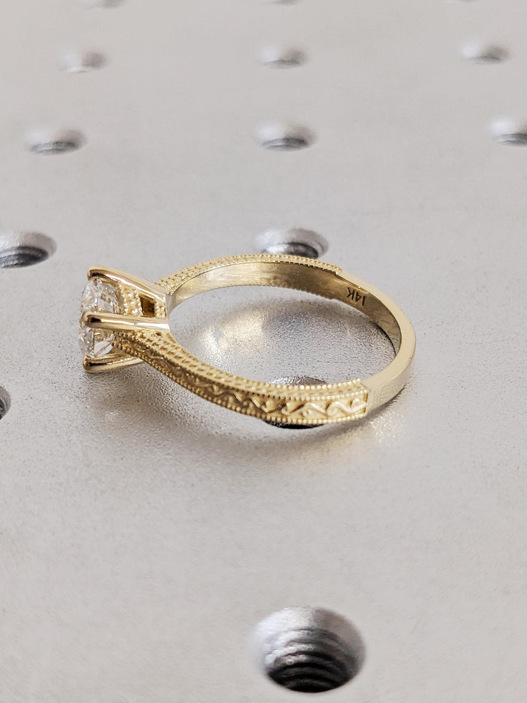 Gold Lab Diamond Engagement Ring, Vintage Milgrain Wedding Band, Women Gold Lab Diamond Ring, Proposal Ring For Her, Custom Christmas Gift image #6