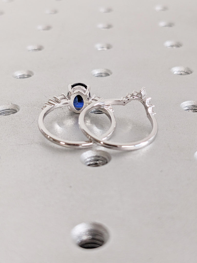 0.5-4ct Blue Oval Sapphire Ring, 14K/18K Gold Bridal Set, Wedding Ring Set, Engagement Ring Set, Promise Ring, Lab Sapphire Birthstone Ring image #4