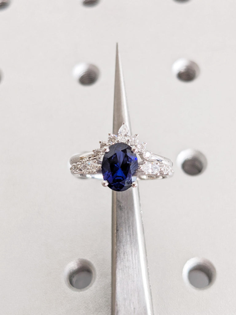0.5-4ct Blue Oval Sapphire Ring, 14K/18K Gold Bridal Set, Wedding Ring Set, Engagement Ring Set, Promise Ring, Lab Sapphire Birthstone Ring image #12