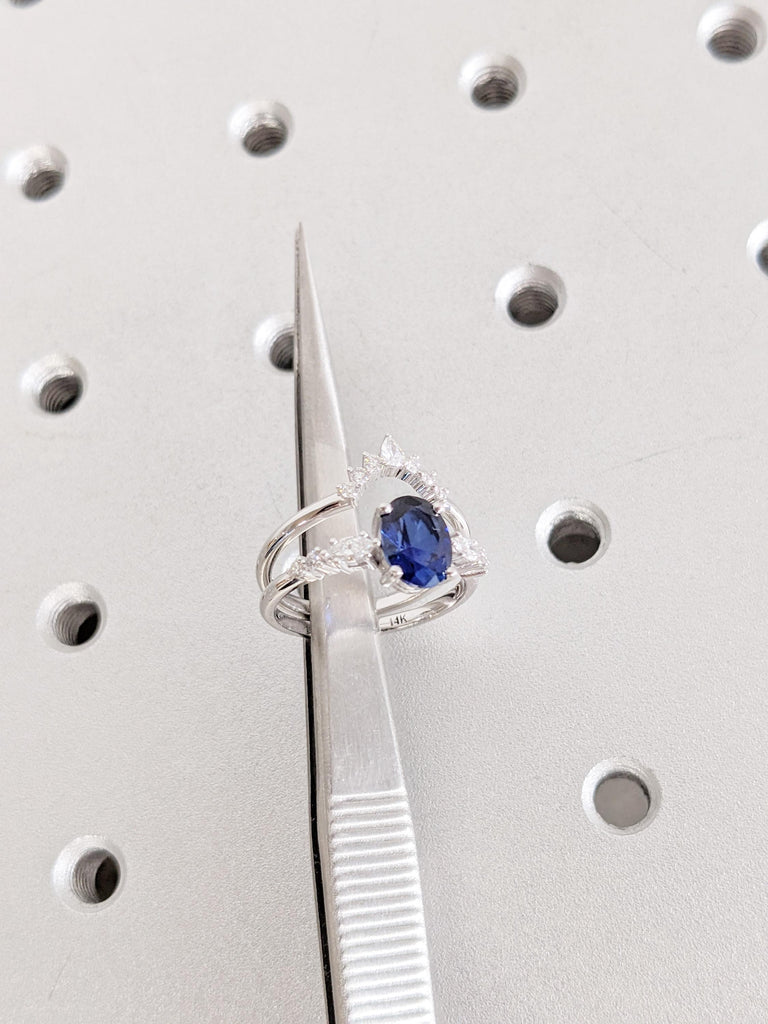 0.5-4ct Blue Oval Sapphire Ring, 14K/18K Gold Bridal Set, Wedding Ring Set, Engagement Ring Set, Promise Ring, Lab Sapphire Birthstone Ring image #10