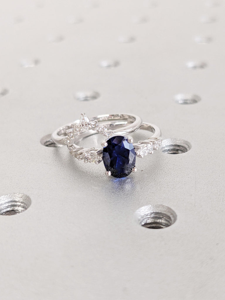 0.5-4ct Blue Oval Sapphire Ring, 14K/18K Gold Bridal Set, Wedding Ring Set, Engagement Ring Set, Promise Ring, Lab Sapphire Birthstone Ring