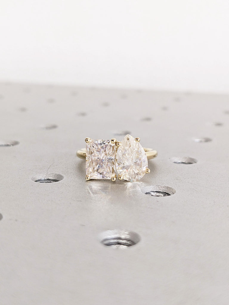 Pear & Radiant Cut Moissanite Engagement Ring, Prong Set Toi Et Moi Ring, 14K Solid Gold Two Stone Promise Ring, Double Stone Ring For Her