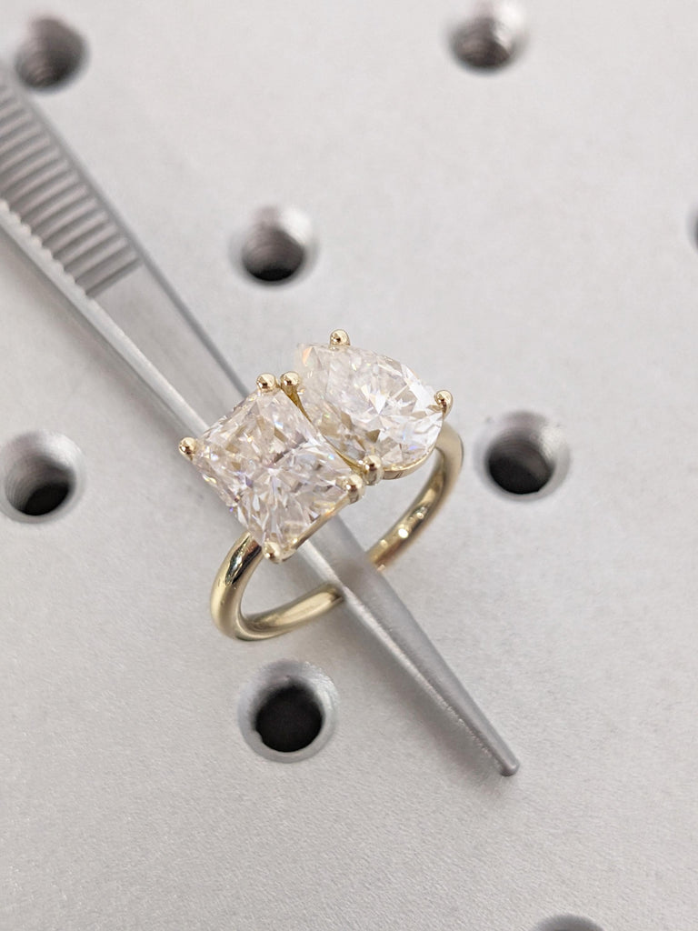 Pear & Radiant Cut Moissanite Engagement Ring, Prong Set Toi Et Moi Ring, 14K Solid Gold Two Stone Promise Ring, Double Stone Ring For Her