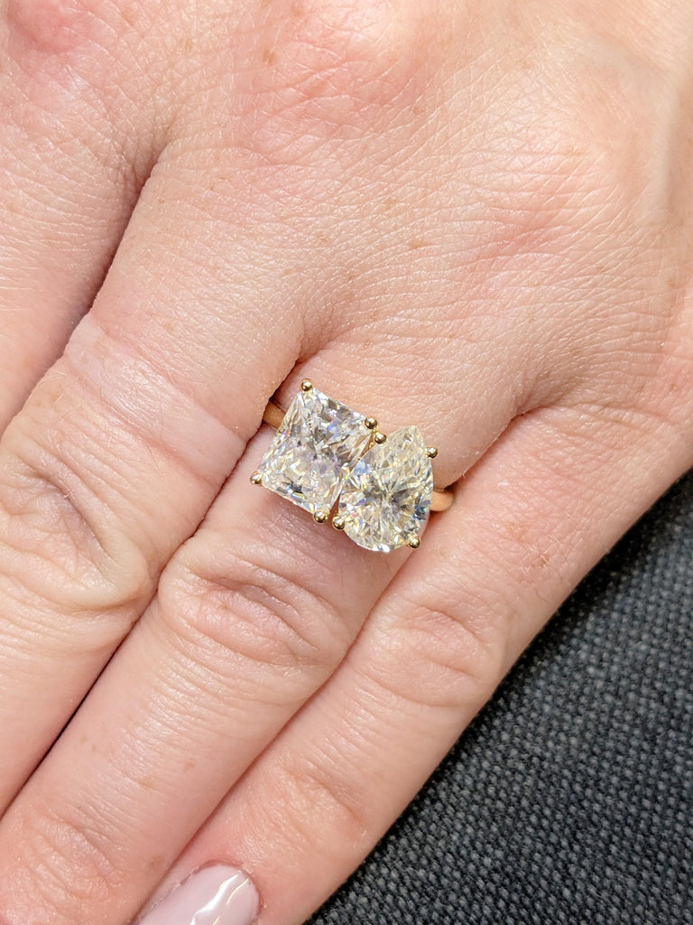 Pear & Radiant Cut Moissanite Engagement Ring, Prong Set Toi Et Moi Ring, 14K Solid Gold Two Stone Promise Ring, Double Stone Ring For Her