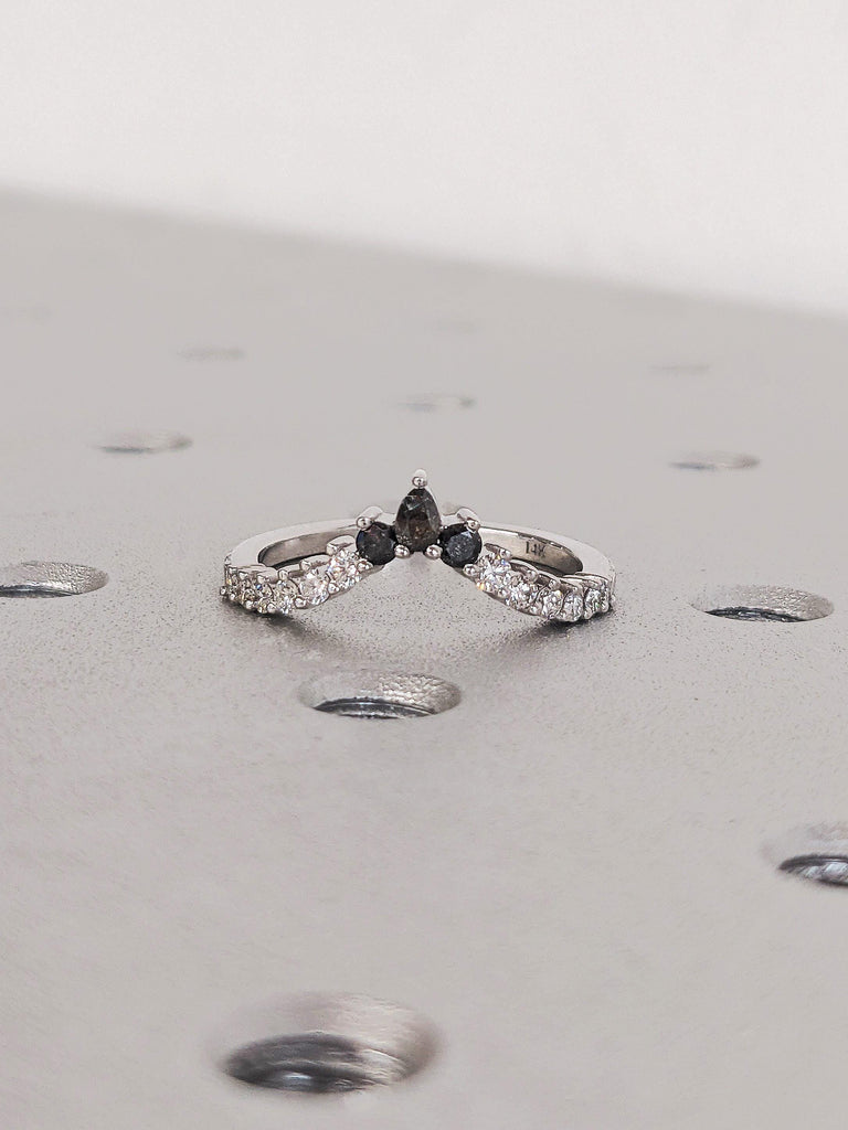 14K White Gold Crown Pear Salt and Pepper Diamond Matching Ring, Filigree Hand Engraved Band, Women's Stacking Ring