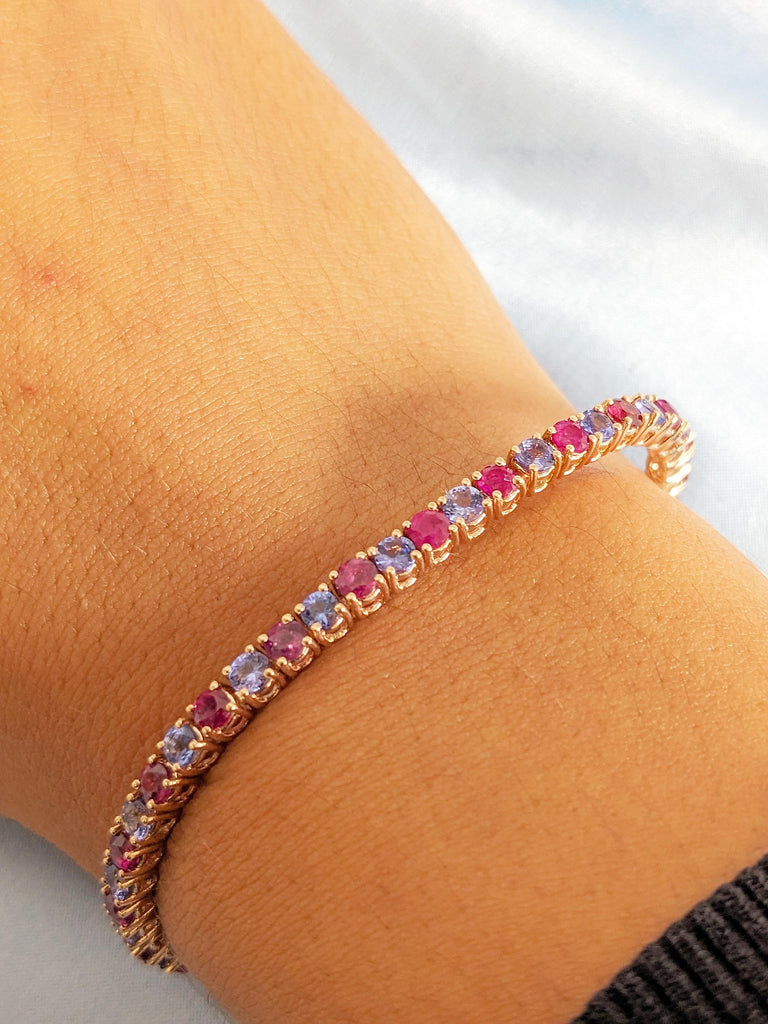 Minimalist 14k Rose Gold Tennis Bracelet, Multicolor 3mm Natural Ruby, Tanzanite Gemstone Bracelet for Women, Vintage Red Ruby Jewelry