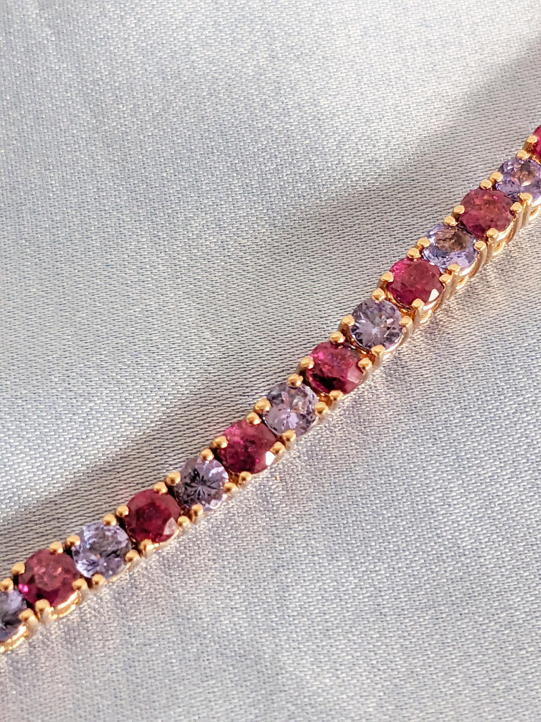 Minimalist 14k Rose Gold Tennis Bracelet, Multicolor 3mm Natural Ruby, Tanzanite Gemstone Bracelet for Women, Vintage Red Ruby Jewelry