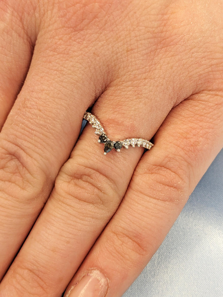 14K White Gold Crown Pear Salt and Pepper Diamond Matching Ring, Filigree Hand Engraved Band, Women's Stacking Ring