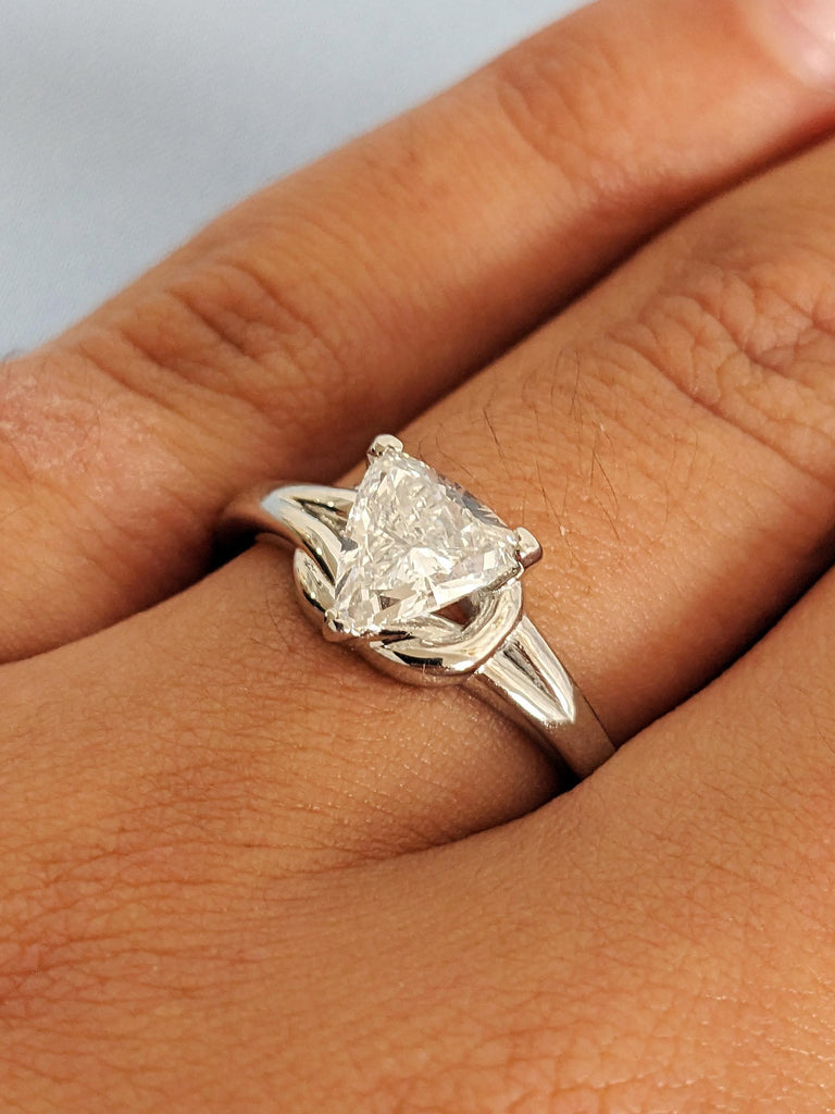 Platinum Gold Knot Solitaire Engagement Ring, Trillion Cut Lab Created Diamond, Women's Wedding Band image #7