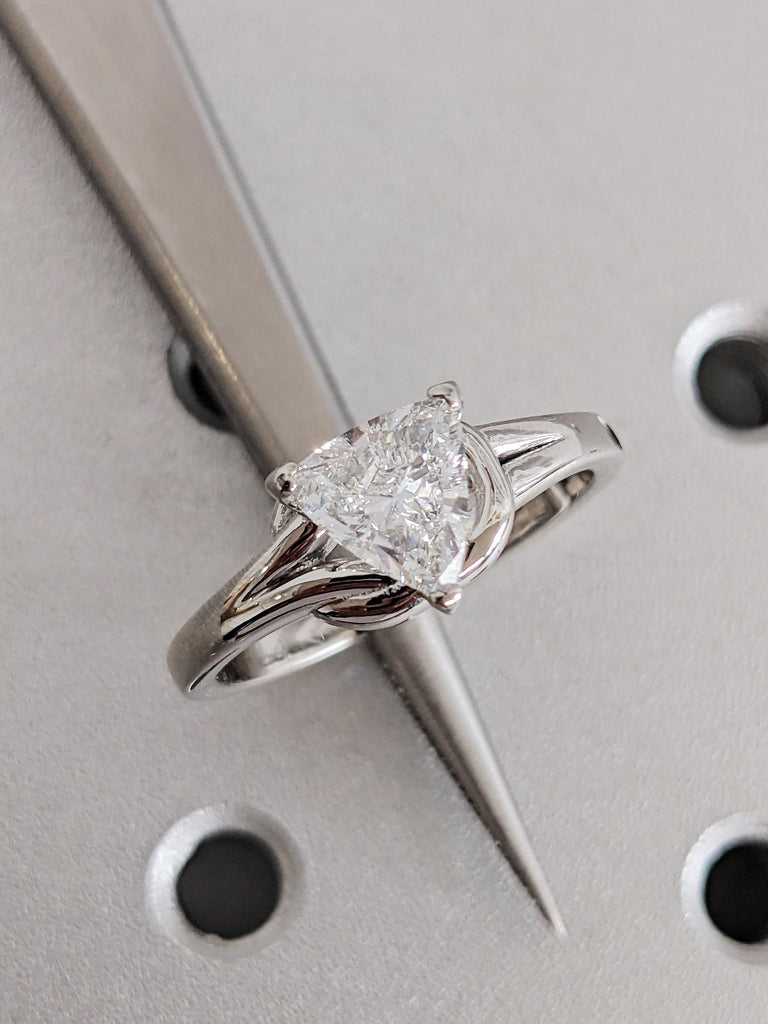 Platinum Gold Knot Solitaire Engagement Ring, Trillion Cut Lab Created Diamond, Women's Wedding Band