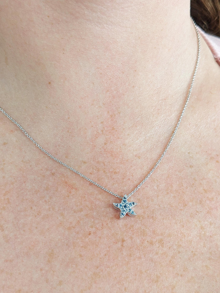 Tropical Star Natural Blue Topaz Pendant, 18K Solid White Gold Round Light Blue Topaz Chain Necklace, Christmas Gift For Her, Custom Jewelry