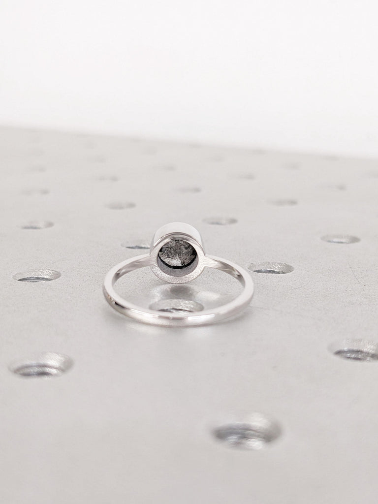 Round Salt and Pepper Diamond Engagement Ring, Dark/Black Bezel Set Salt and Pepper Diamond, 18K White Solid Gold Minimalist Solitaire Ring