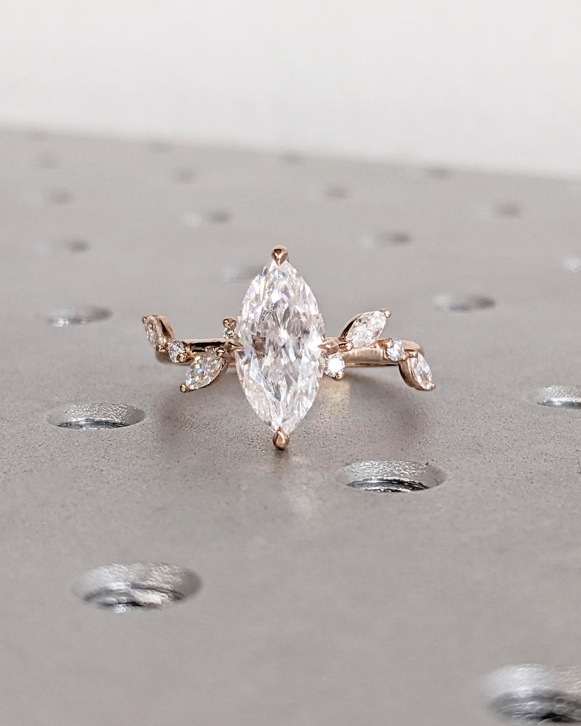 Hidden Halo Rose Gold Moissanite Nature Engagement Ring, Round Marquise Cut Diamond Leaf Ring, Multi Stone Wedding Band