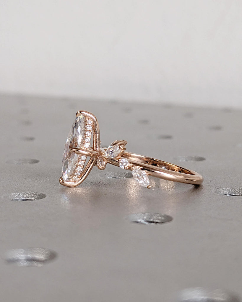 Hidden Halo Rose Gold Moissanite Nature Engagement Ring, Round Marquise Cut Diamond Leaf Ring, Multi Stone Wedding Band