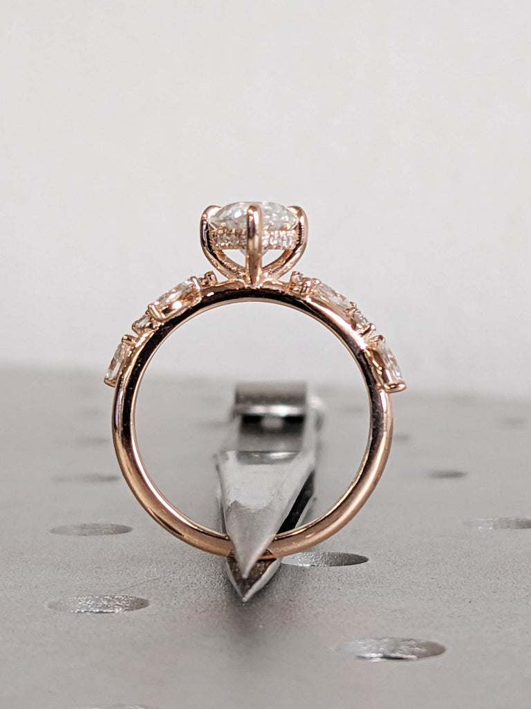Hidden Halo Rose Gold Moissanite Nature Engagement Ring, Round Marquise Cut Diamond Leaf Ring, Multi Stone Wedding Band