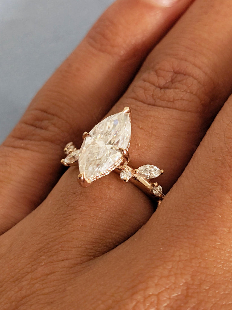 Hidden Halo Rose Gold Moissanite Nature Engagement Ring, Round Marquise Cut Diamond Leaf Ring, Multi Stone Wedding Band