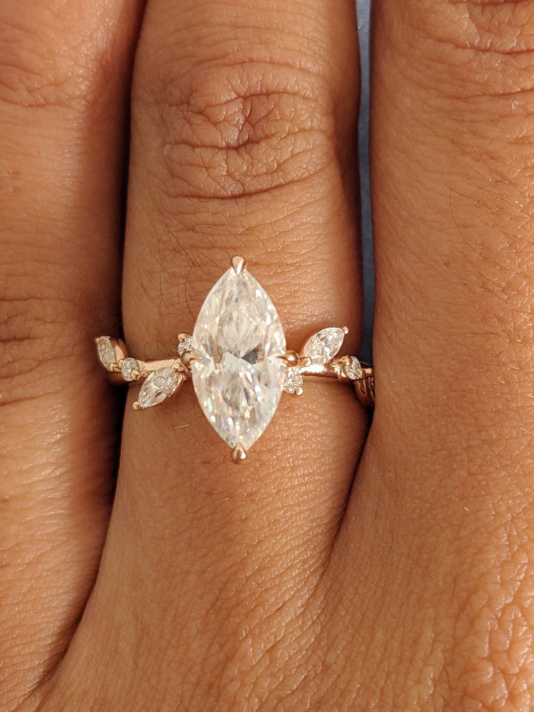Hidden Halo Rose Gold Moissanite Nature Engagement Ring, Round Marquise Cut Diamond Leaf Ring, Multi Stone Wedding Band
