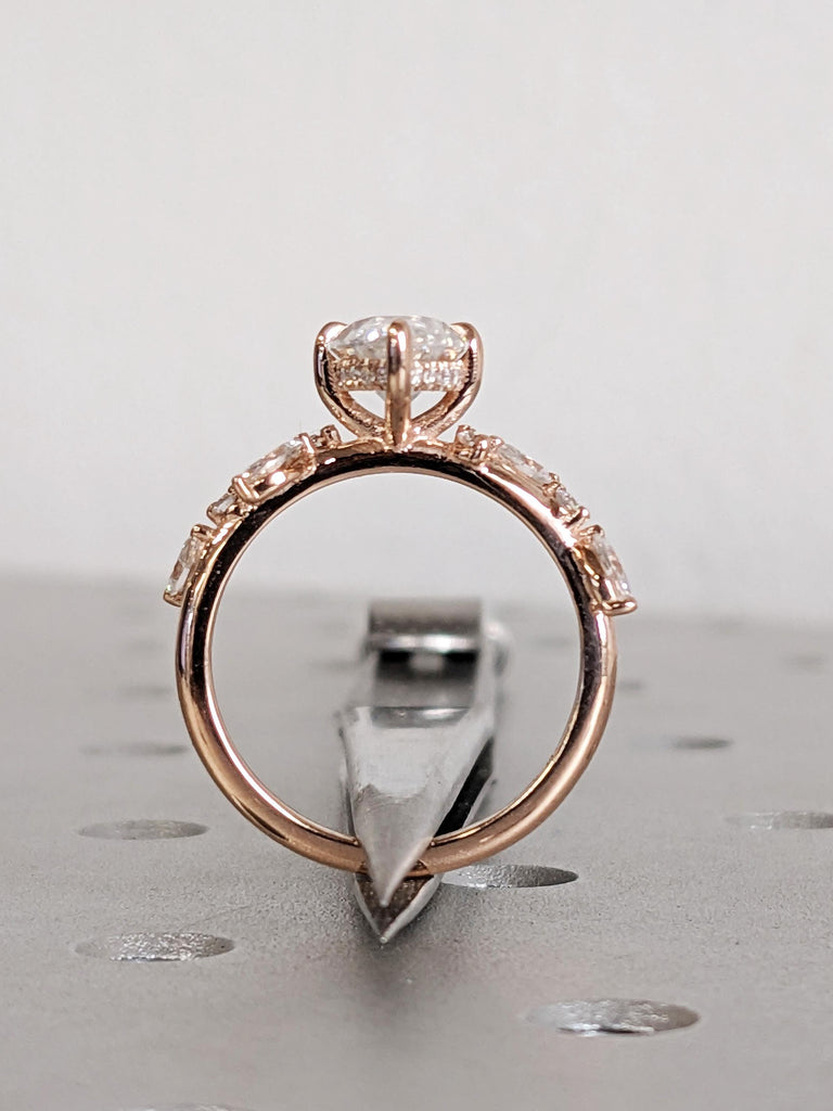 Hidden Halo Marquise Cut Lab Diamond Ring, 14K Rose Gold Leaf Shaped Diamond Ring, Art Nouveau Engagement Band image #7