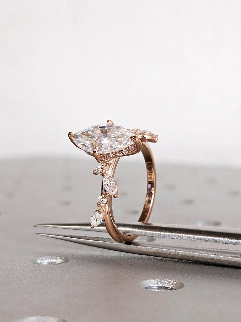 Hidden Halo Rose Gold Moissanite Nature Engagement Ring, Round Marquise Cut Diamond Leaf Ring, Multi Stone Wedding Band
