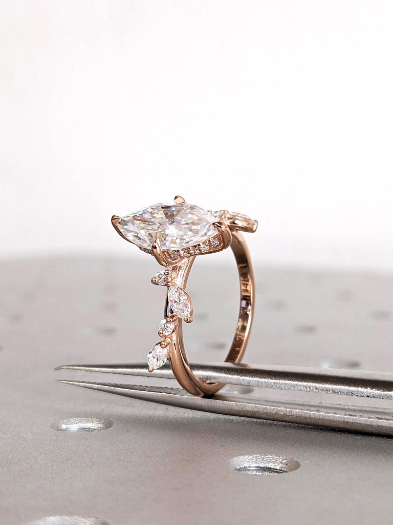 Hidden Halo Marquise Cut Lab Diamond Ring, 14K Rose Gold Leaf Shaped Diamond Ring, Art Nouveau Engagement Band