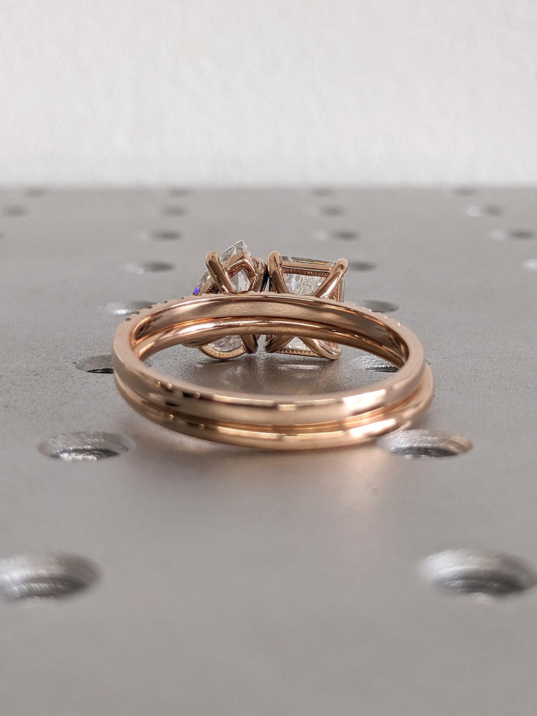 Two Stone VVS Moissanite Rose Gold Engagement Ring Set | 1-4ct Emerald and Pear cut Moissanite | Diamond Eternity Band Stacking Ring