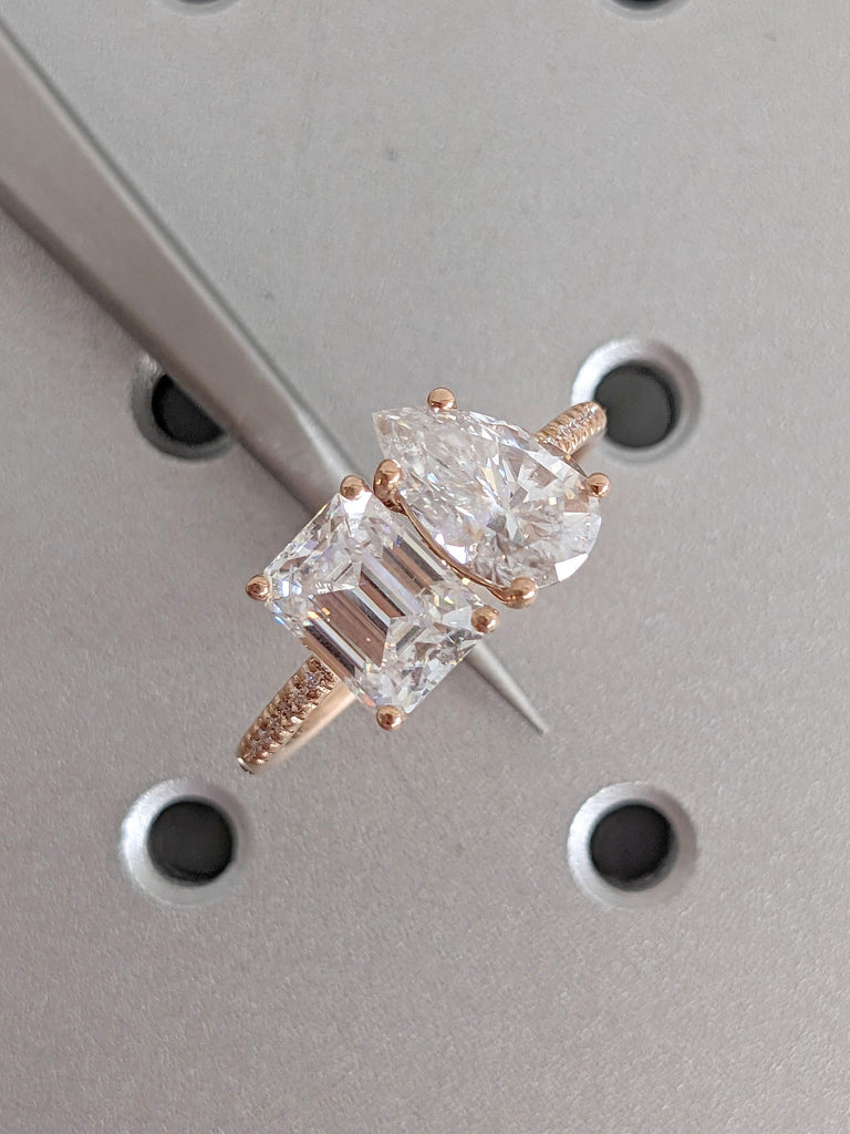 2.5ct Pear cut, Emerald cut Moissanite Toi Et Moi Engagement Ring | Solid Rose Gold Promise Ring
