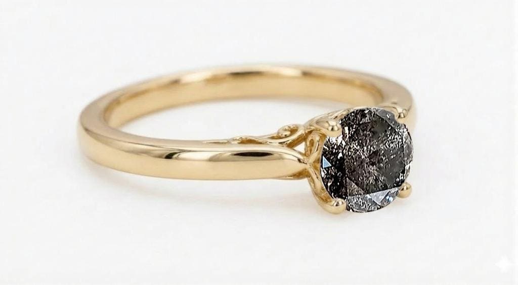 Round Salt and Pepper Diamond Engagement Ring, Dainty 18k/14k Yellow Gold Filigree Ring, Promise Rings for Women, Vintage Wedding Ring image #4