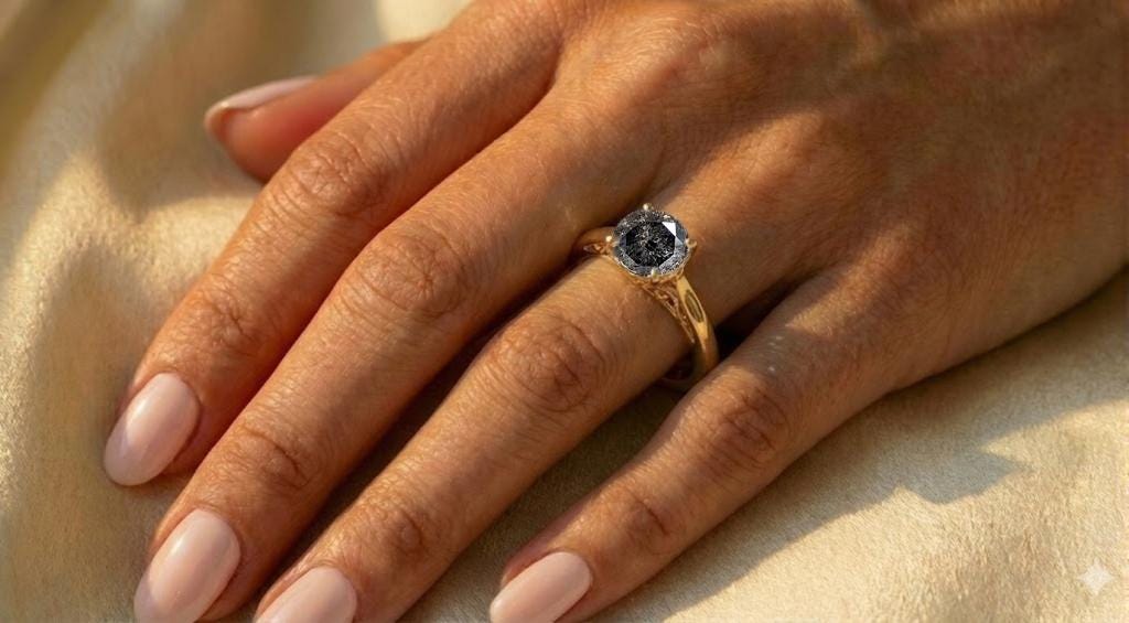 Round Salt and Pepper Diamond Engagement Ring, Dainty 18k/14k Yellow Gold Filigree Ring, Promise Rings for Women, Vintage Wedding Ring image #2