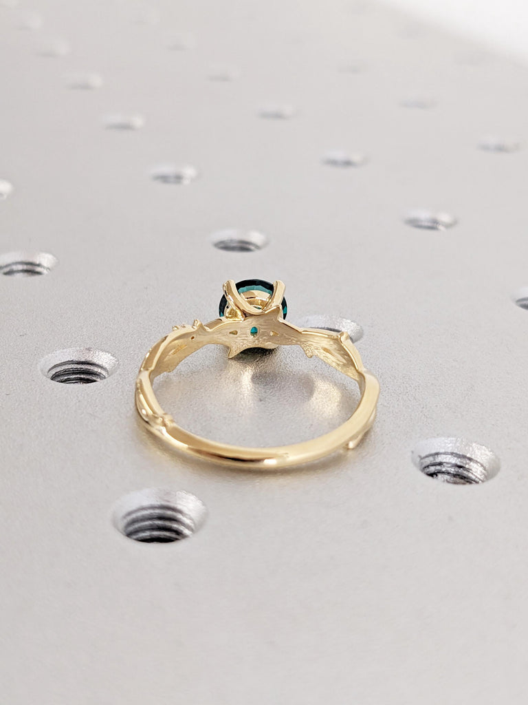 Emerald Ring: Round Lab Emerald Engagement Ring, Twig 18K Yellow Gold Green Vintage Emerald Ring, Side Diamond Wedding Ring, Promise Ring image #9