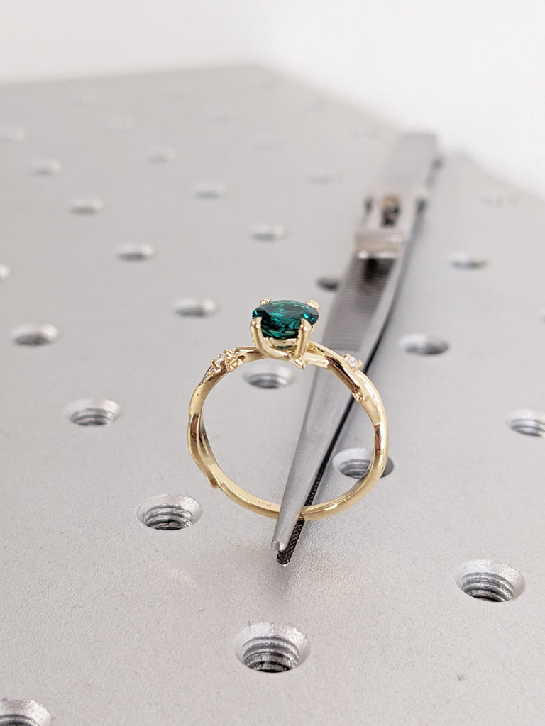 Emerald Ring: Round Lab Emerald Engagement Ring, Twig 18K Yellow Gold Green Vintage Emerald Ring, Side Diamond Wedding Ring, Promise Ring image #11