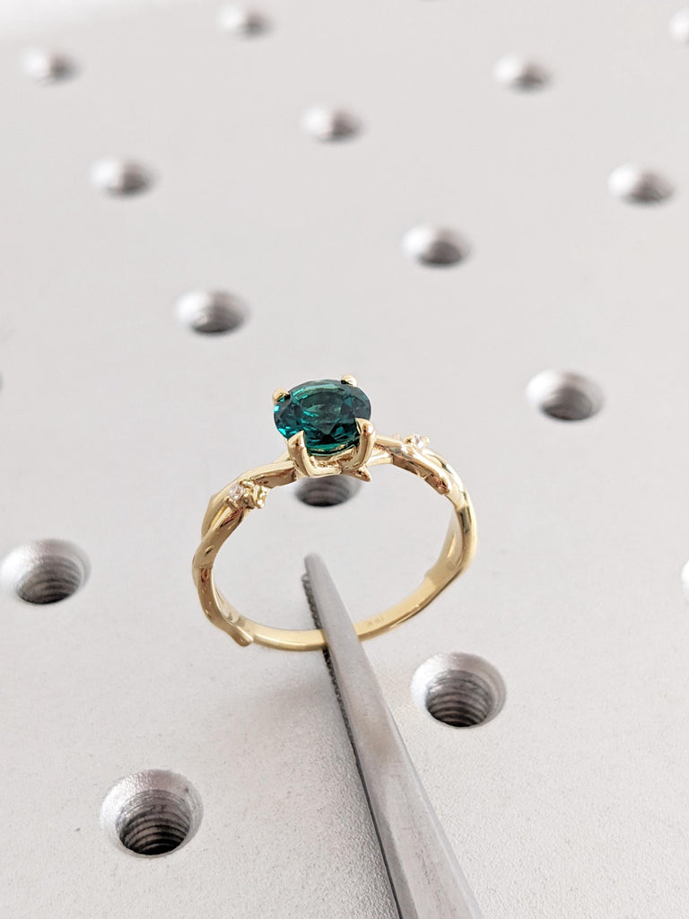 Emerald Ring: Round Lab Emerald Engagement Ring, Twig 18K Yellow Gold Green Vintage Emerald Ring, Side Diamond Wedding Ring, Promise Ring image #13
