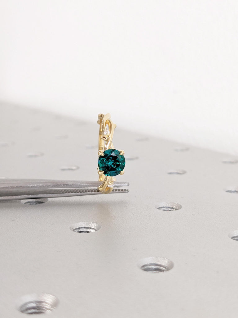 Emerald Ring: Round Lab Emerald Engagement Ring, Twig 18K Yellow Gold Green Vintage Emerald Ring, Side Diamond Wedding Ring, Promise Ring image #15
