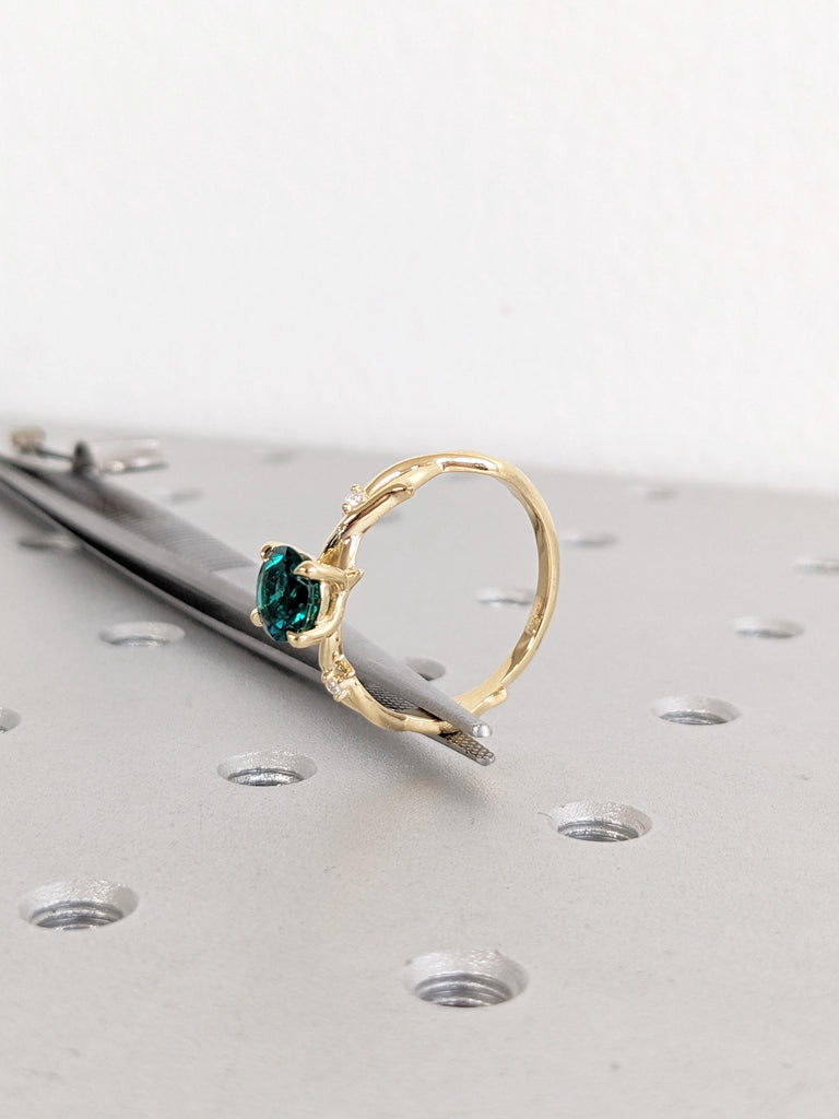Emerald Ring: Round Lab Emerald Engagement Ring, Twig 18K Yellow Gold Green Vintage Emerald Ring, Side Diamond Wedding Ring, Promise Ring image #16