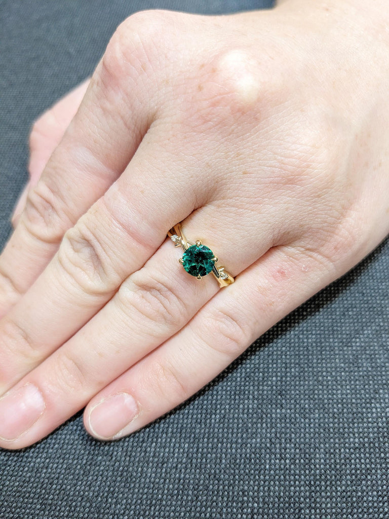 Emerald Ring: Round Lab Emerald Engagement Ring, Twig 18K Yellow Gold Green Vintage Emerald Ring, Side Diamond Wedding Ring, Promise Ring image #5