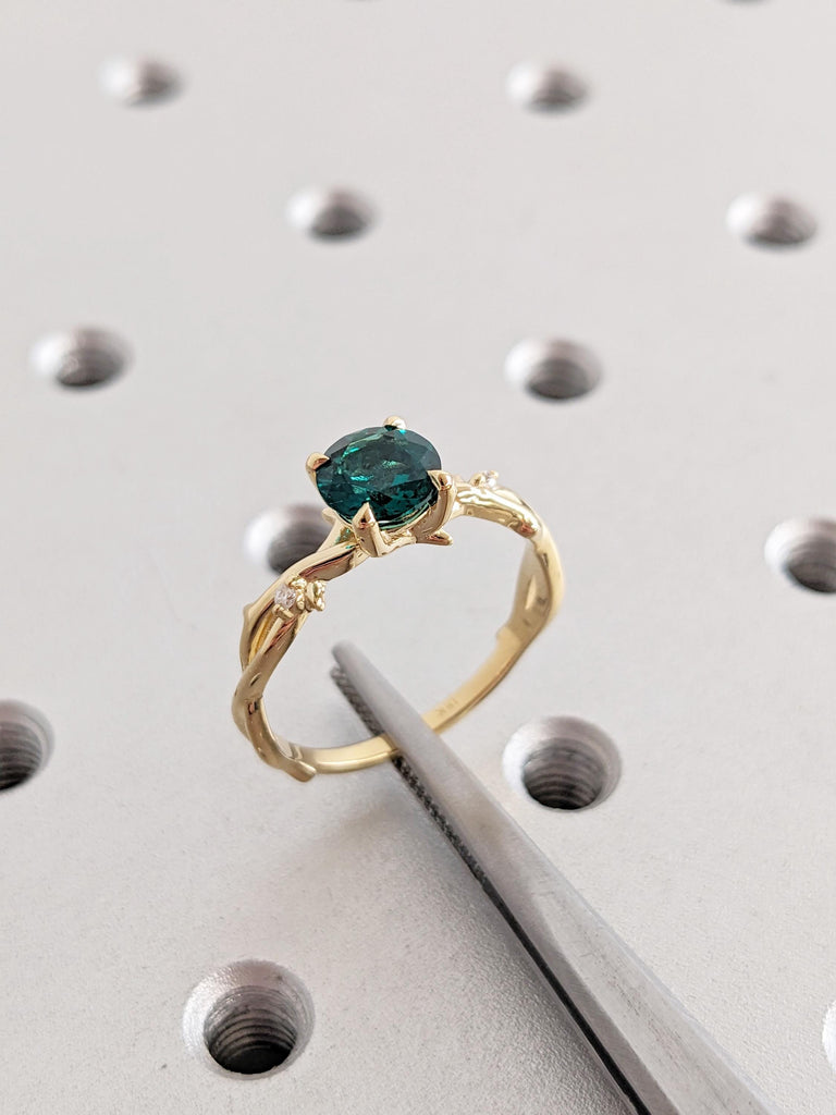 Emerald Ring: Round Lab Emerald Engagement Ring, Twig 18K Yellow Gold Green Vintage Emerald Ring, Side Diamond Wedding Ring, Promise Ring image #3