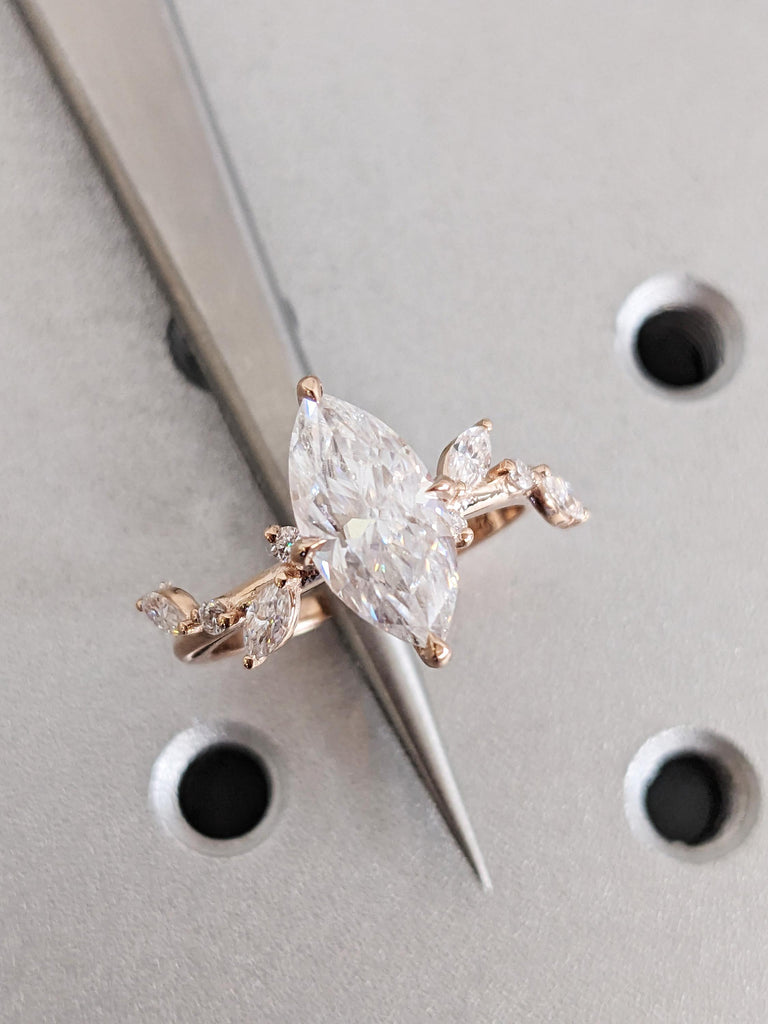 Hidden Halo Rose Gold Moissanite Nature Engagement Ring, Round Marquise Cut Diamond Leaf Ring, Multi Stone Wedding Band