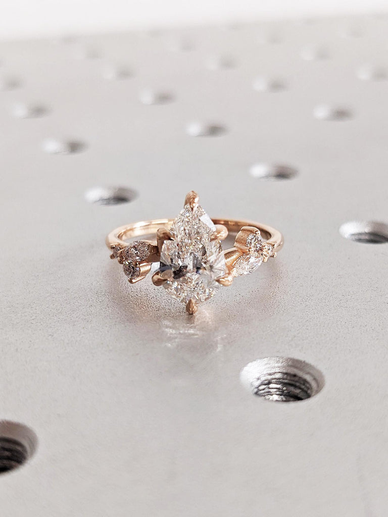 Pear Cut Moissanite Nature Inspired Engagement Ring, 14K Rose Gold Dainty Round Marquise Diamond Wedding Band