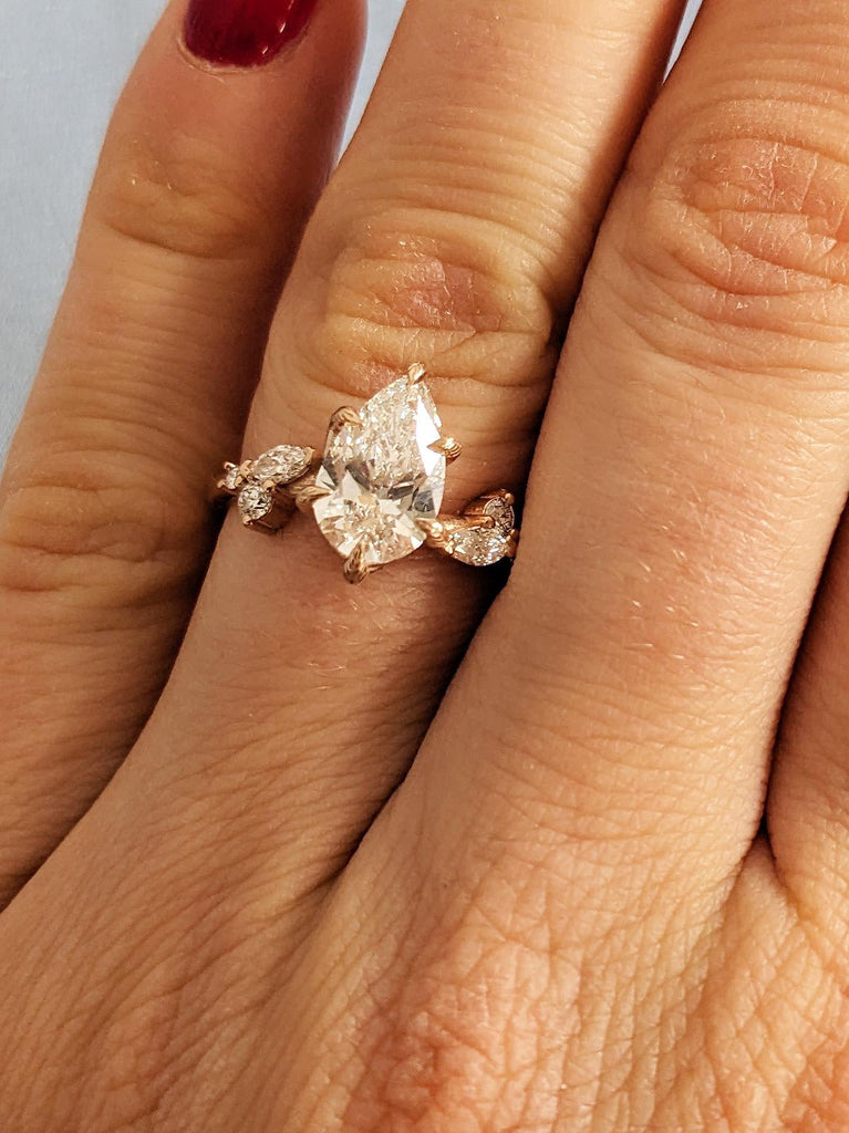 Pear Cut Moissanite Nature Inspired Engagement Ring, 14K Rose Gold Dainty Round Marquise Diamond Wedding Band