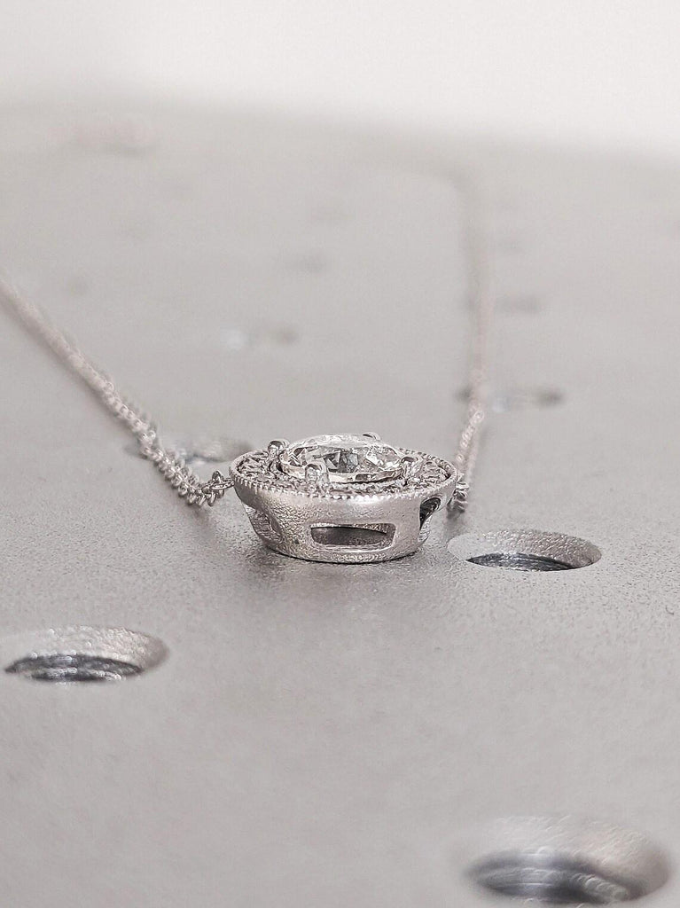 14K Solid White Gold Lab Diamond Necklace, Dainty Round Cut Diamond Halo Pedant, Bridal Jewelry, Wedding Anniversary Gift, Everyday Necklace image #3