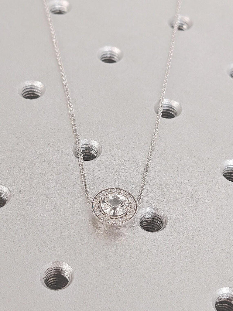 14K Solid White Gold Lab Diamond Necklace, Dainty Round Cut Diamond Halo Pedant, Bridal Jewelry, Wedding Anniversary Gift, Everyday Necklace image #5