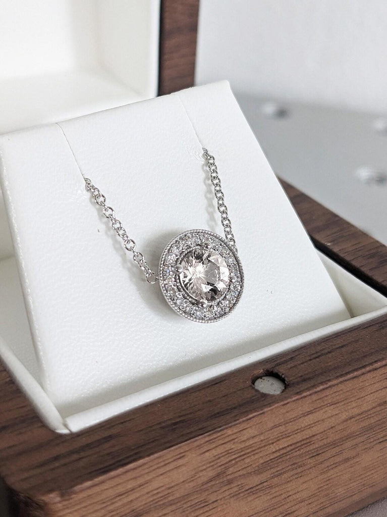 14K Solid White Gold Lab Diamond Necklace, Dainty Round Cut Diamond Halo Pedant, Bridal Jewelry, Wedding Anniversary Gift, Everyday Necklace