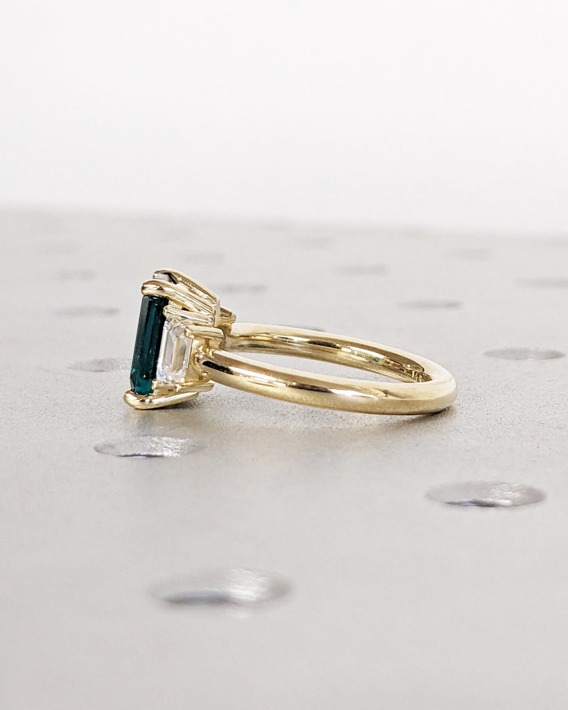 Emerald Engagement Ring: Emerald Cut Green Gemstone, Trapezoid Moissanite, 14K Solid Gold image #6
