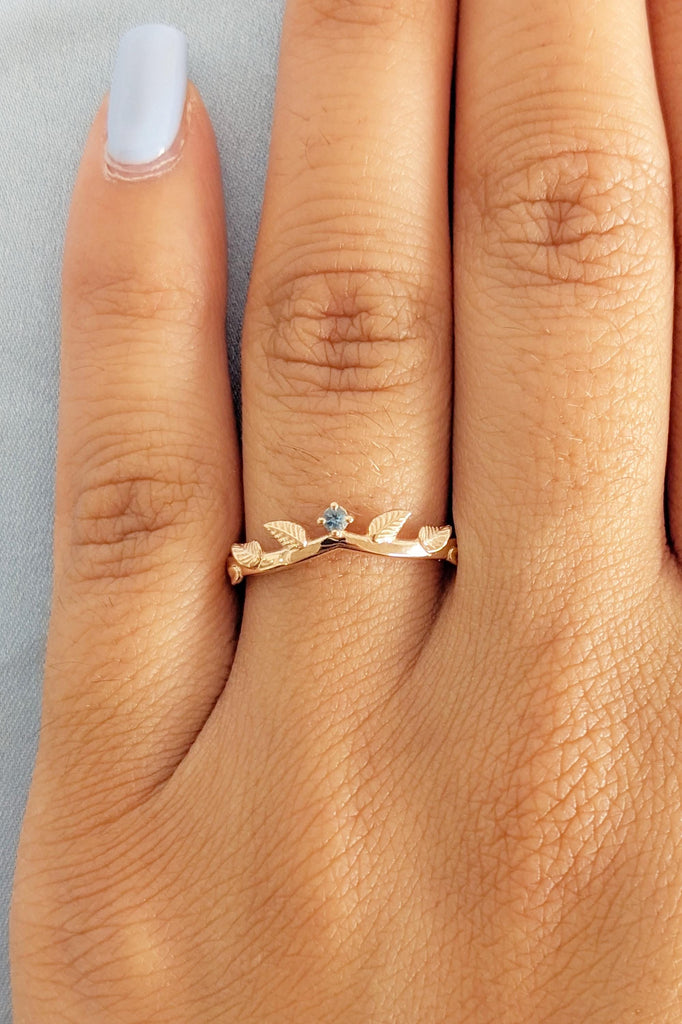 Blue Topaz Ring, London Blue Topaz Wedding Ring, Nature Inspired 14K/18K Rose Gold Vintage Leaf Ring, Promise Ring, Matching Ring For Her image #6