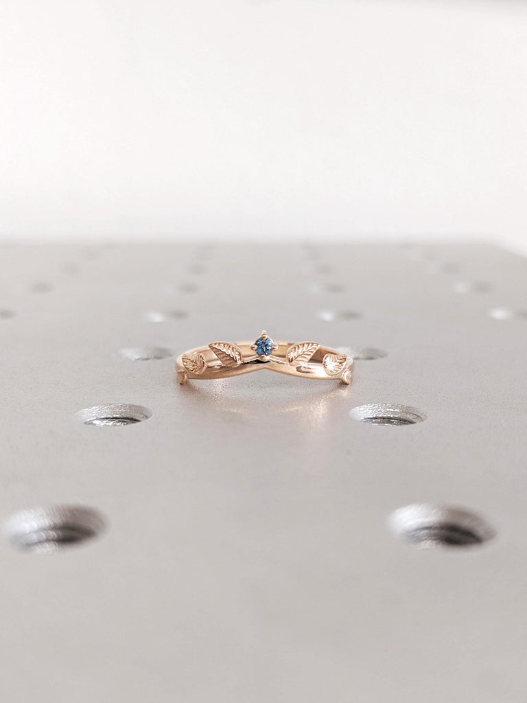 Blue Topaz Ring, London Blue Topaz Wedding Ring, Nature Inspired 14K/18K Rose Gold Vintage Leaf Ring, Promise Ring, Matching Ring For Her